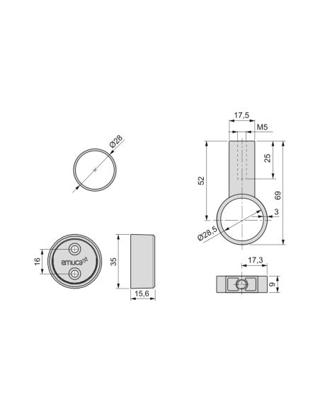 Emuca Lotto di 2 tubi appendiabiti rotondi D.28mm per armadi lunghezza 1,15m con reggitubi, Alluminio e Zama, Titanio