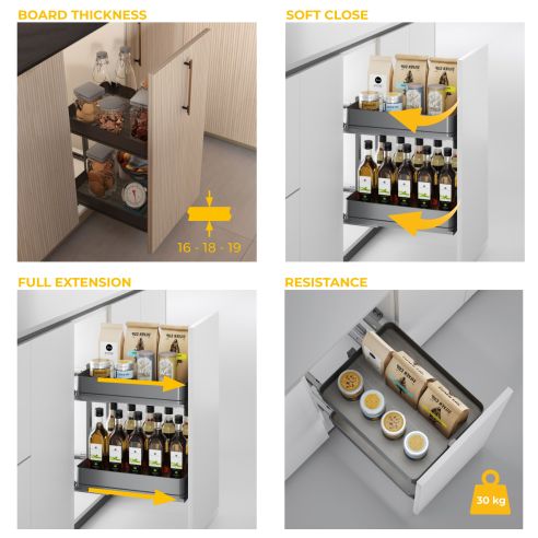 Emuca Carrello estraibile Harmony con chiusura soft, Modulo larghezza 300mm altezza 700mm, Acciaio e Legno, Grigio antracite