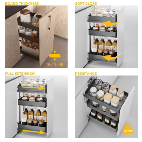 Emuca Carrello estraibile Harmony con chiusura soft, Modulo larghezza 300mm altezza 800mm, Acciaio e Legno, Grigio antracite