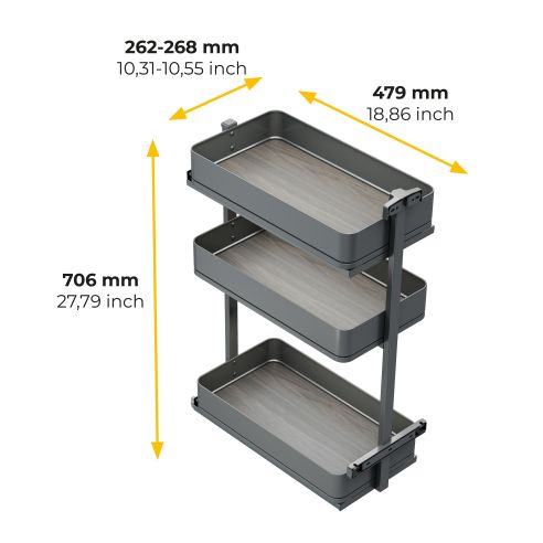 Emuca Carrello estraibile Harmony con chiusura soft, Modulo larghezza 300mm altezza 800mm, Acciaio e Legno, Grigio antracite