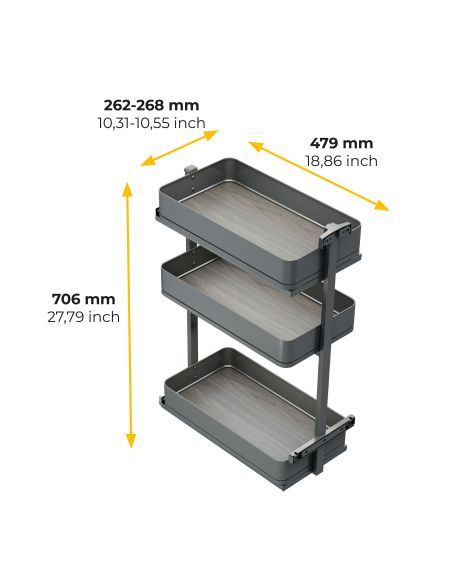 Emuca Carrello estraibile Harmony con chiusura soft, Modulo larghezza 300mm altezza 800mm, Acciaio e Legno, Grigio antracite
