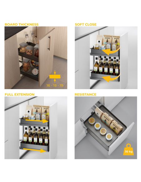 Emuca Carrello estraibile Harmony con chiusura soft, Modulo larghezza 400mm altezza 700mm, Acciaio e Legno, Grigio antracite