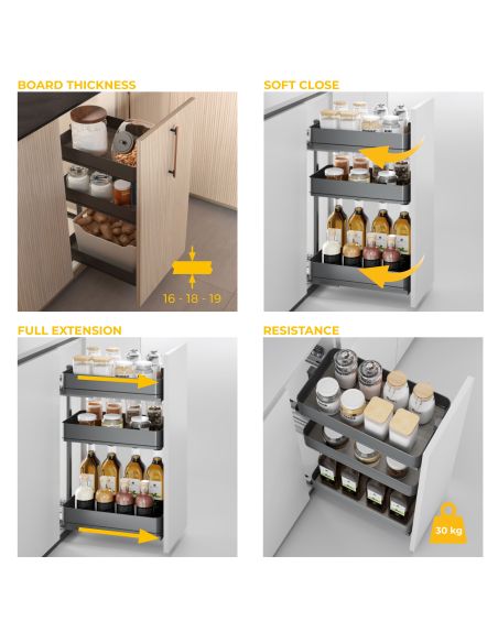 Emuca Carrello estraibile Harmony con chiusura soft, Modulo larghezza 400mm altezza 800mm, Acciaio e Legno, Grigio antracite