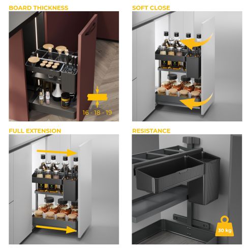 Emuca Carrello estraibile con cestelli e accessori Harmony con chiusura soft, Modulo larghezza 400mm altezza 700mm, Acciaio e Le