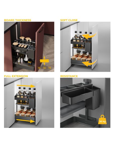 Emuca Carrello estraibile con cestelli e accessori Harmony con chiusura soft, Modulo larghezza 400mm altezza 700mm, Acciaio e Le