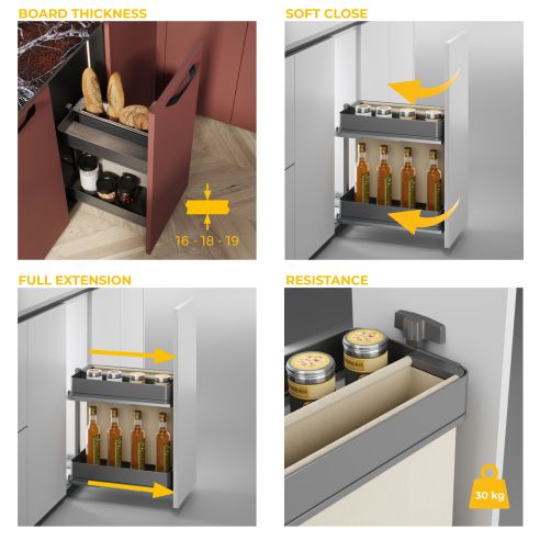 Emuca Carrello estraibile con cestelli e portapane Harmony con chiusura soft, Modulo larghezza 300mm altezza 700mm, Acciaio e Le