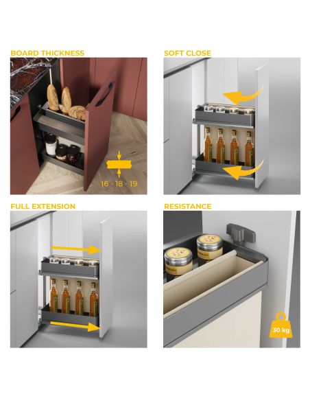 Emuca Carrello estraibile con cestelli e portapane Harmony con chiusura soft, Modulo larghezza 300mm altezza 700mm, Acciaio e Le