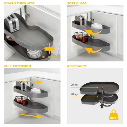 Emuca Angolare Lake Harmony per mobili da cucina, Sinistra, Altezza regolabile, Acciaio e legno, Grigio antracite
