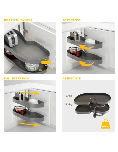 Emuca Angolare Lake Harmony per mobili da cucina, Sinistra, Altezza regolabile, Acciaio e legno, Grigio antracite