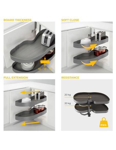 Emuca Angolare Lake Harmony per mobili da cucina, Destra, Altezza regolabile, Acciaio e legno, Grigio antracite
