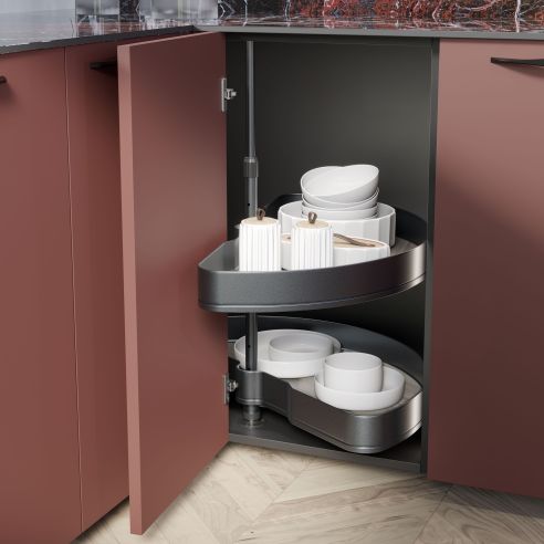 Emuca Coppia di cestelli girevoli Harmony semicircolare, Modulo larghezza 800mm, Altezza regolabile, Acciaio e Legno, Grigio ant