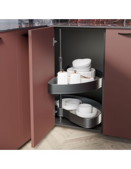 Emuca Coppia di cestelli girevoli Harmony semicircolare, Modulo larghezza 800mm, Altezza regolabile, Acciaio e Legno, Grigio ant