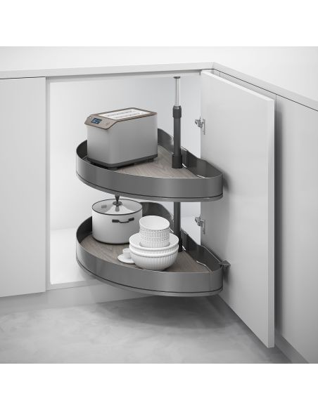 Emuca Coppia di cestelli girevoli Harmony semicircolare, Modulo larghezza 800mm, Altezza regolabile, Acciaio e Legno, Grigio ant