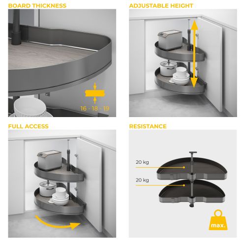 Emuca Coppia di cestelli girevoli Harmony semicircolare, Modulo larghezza 800mm, Altezza regolabile, Acciaio e Legno, Grigio ant