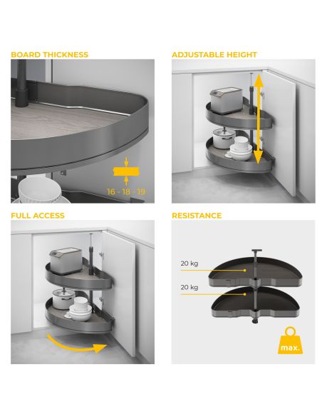 Emuca Coppia di cestelli girevoli Harmony semicircolare, Modulo larghezza 800mm, Altezza regolabile, Acciaio e Legno, Grigio ant