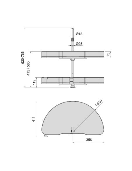 Emuca Coppia di cestelli girevoli Harmony semicircolare, Modulo larghezza 800mm, Altezza regolabile, Acciaio e Legno, Grigio ant