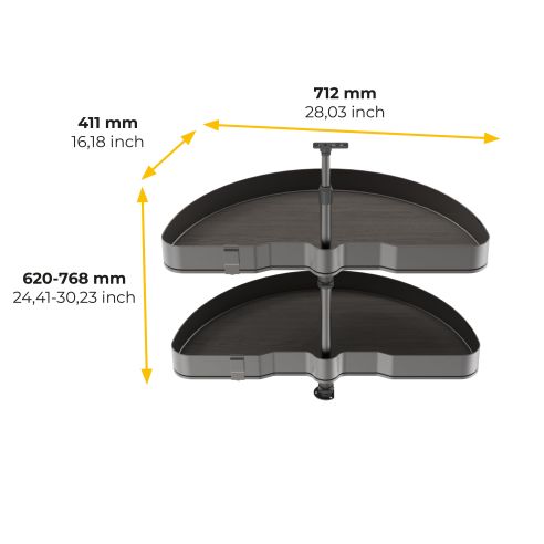 Emuca Coppia di cestelli girevoli Harmony semicircolare, Modulo larghezza 800mm, Altezza regolabile, Acciaio e Legno, Grigio ant