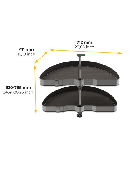 Emuca Coppia di cestelli girevoli Harmony semicircolare, Modulo larghezza 800mm, Altezza regolabile, Acciaio e Legno, Grigio ant