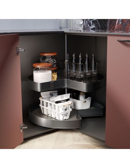 Emuca Coppia di cestelli girevole Harmony 3/4, Modulo larghezza 800mm, Altezza regolabile, Acciaio e Legno, Grigio antracite