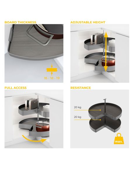 Emuca Coppia di cestelli girevole Harmony 3/4, Modulo larghezza 800mm, Altezza regolabile, Acciaio e Legno, Grigio antracite