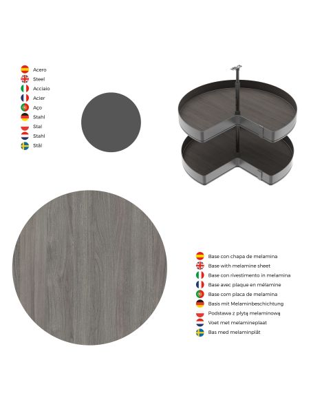 Emuca Coppia di cestelli girevole Harmony 3/4, Modulo larghezza 800mm, Altezza regolabile, Acciaio e Legno, Grigio antracite