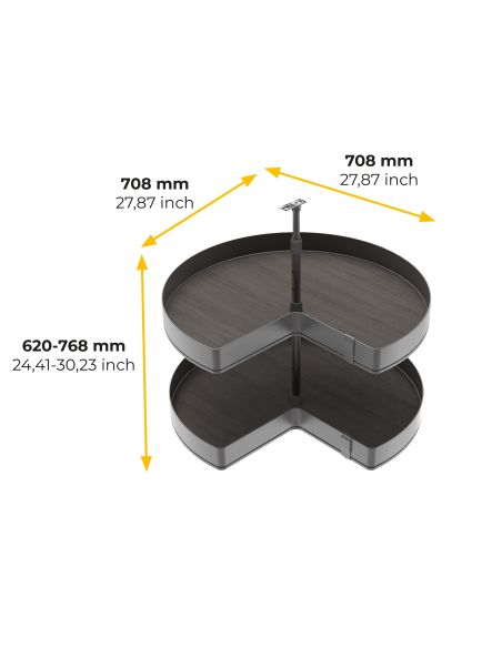 Emuca Coppia di cestelli girevole Harmony 3/4, Modulo larghezza 800mm, Altezza regolabile, Acciaio e Legno, Grigio antracite