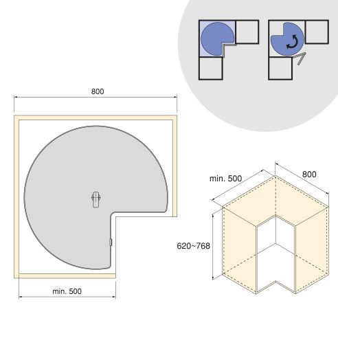 Emuca Coppia di cestelli girevole Harmony 3/4, Modulo larghezza 800mm, Altezza regolabile, Acciaio e Legno, Grigio antracite