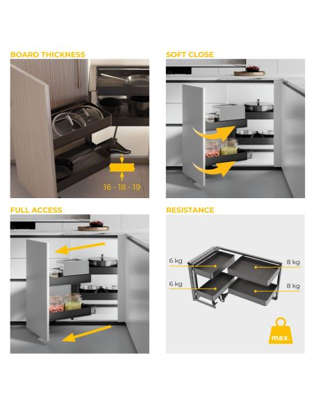 Emuca Sistema estraibile Harmony per mobili da cucina, Sinistra, Acciaio e Legno, Grigio antracite