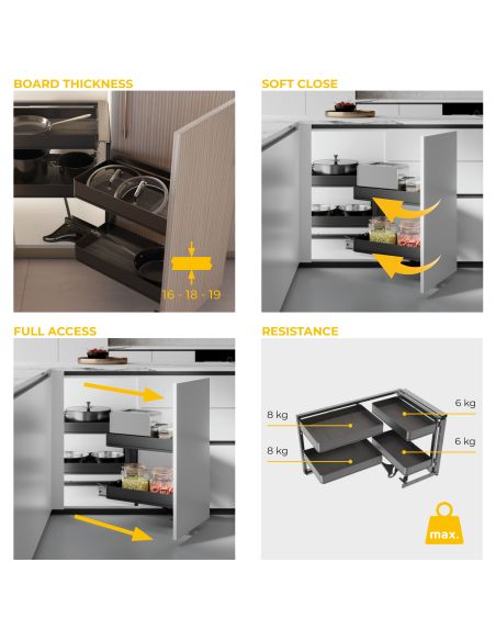 Emuca Sistema estraibile Harmony per mobili da cucina, Destra, Acciaio e Legno, Grigio antracite