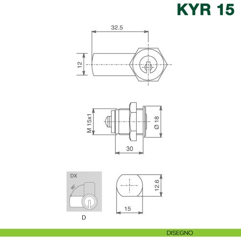 Serratura universale con cilindro a levetta KYR Securital diametro 15 mm lunghezza 30 mm KYR 15 - disegno