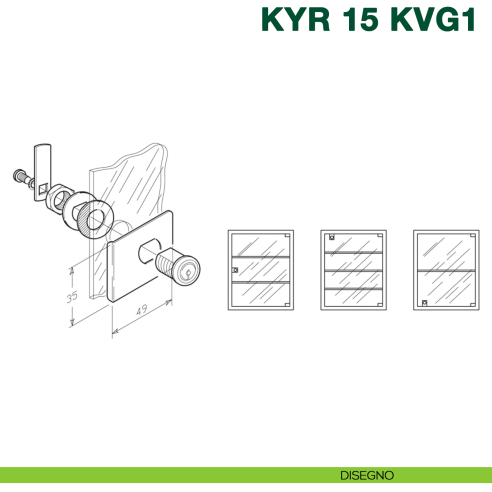 Serratura per anta in vetro singola con placca in metallo e cilindro a levetta KYR Securital KYR 15 KVG1 - disegno