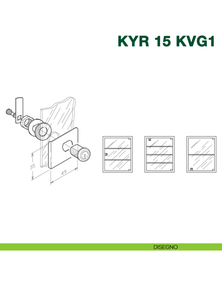 Serratura per anta in vetro singola con placca in metallo e cilindro a levetta KYR Securital KYR 15 KVG1 - disegno