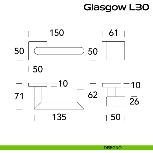 Maniglia in acciaio Glasgow L30  e pomolo fisso 2Q1 Reguitti Inox disegno