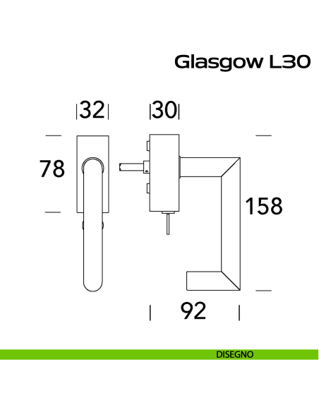 Maniglia in acciaio per finestra DK con chiave Glasgow L30 Reguitti Inox disegno