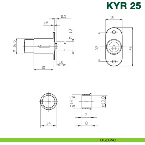 Serratura a pulsante per ante scorrevoli con cilindro KYR Securital diametro 16,5 mm lunghezza 21 mm KYR 25 - disegno