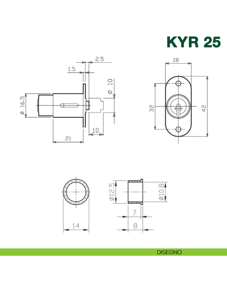 Serratura a pulsante per ante scorrevoli con cilindro KYR Securital diametro 16,5 mm lunghezza 21 mm KYR 25 - disegno
