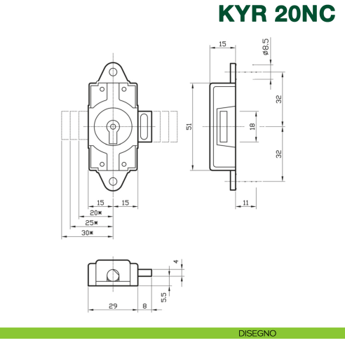 Serratura per armadio ad aste rotanti KYR Securital KYR 20NC con catenaccio centrale - disegno