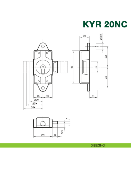 Serratura per armadio ad aste rotanti KYR Securital KYR 20NC con catenaccio centrale - disegno