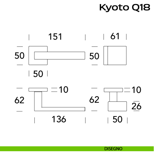 Maniglia in acciaio Kyoto Q18 e pomolo fisso 2Q1 Reguitti Inox - disegno