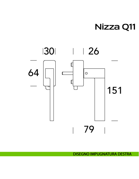 Maniglia in acciaio per finestra DK con pulsante su placca Nizza Q11 Reguitti Inox disegno DX