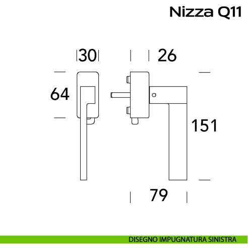 Maniglia in acciaio per finestra DK con pulsante su placca Nizza Q11 Reguitti Inox disegno SX