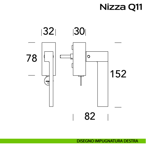 Maniglia in acciaio per finestra DK con chiave Nizza Q11 Reguitti Inox disegno DX