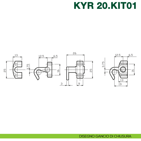 Kit accessori per serratura ad aste rotanti KYR Securital KYR 20.KIT01 - disegno gancio di chiusura