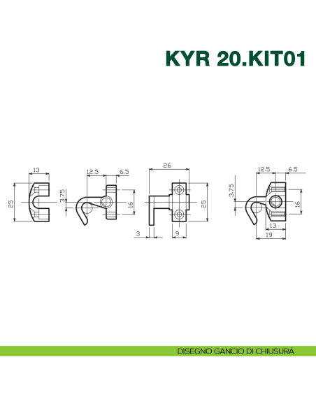 Kit accessori per serratura ad aste rotanti KYR Securital KYR 20.KIT01 - disegno gancio di chiusura