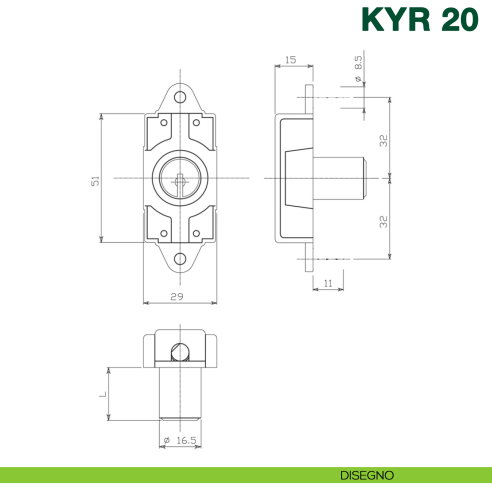 Serratura per anta ad aste rotanti con cilindro KYR Securital diametro 16,5 mm lunghezza 21 mm KYR 20 senza catenaccio centrale