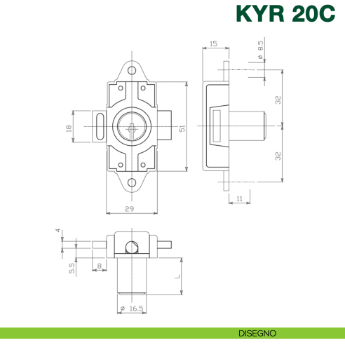 Serratura per anta ad aste rotanti con cilindro KYR Securital diametro 16,5 mm lunghezza 21 mm KYR 20C con catenaccio centrale