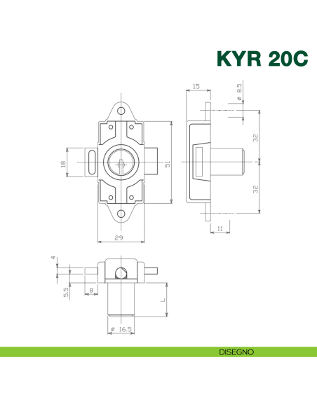 Serratura per anta ad aste rotanti con cilindro KYR Securital diametro 16,5 mm lunghezza 21 mm KYR 20C con catenaccio centrale