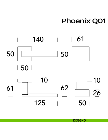 Maniglia in acciaio Phoenix Q01 e pomolo fisso 2Q1 Reguitti Inox - disegno