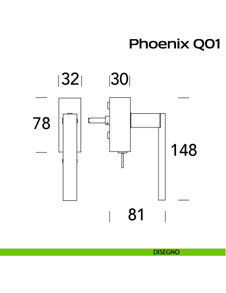 Maniglia in acciaio per finestra DK con chiave Phoenix Q01 Reguitti Inox disegno