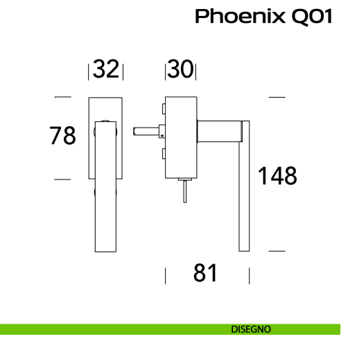 Maniglia in acciaio per finestra DK con funzione TBT Phoenix Q01 Reguitti Inox disegno